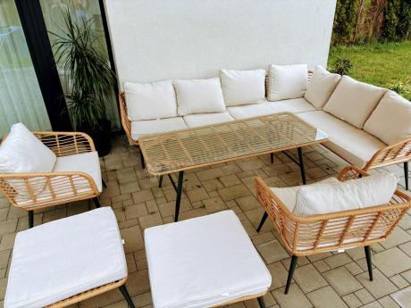 Narożnik ogrodowy boho rope style z dużym stołem, fotelem i pufami Torgiano Corner XL beżowy