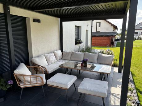 Narożnik ogrodowy boho rope style z dużym stołem, fotelem i pufami Torgiano Corner XL beżowy