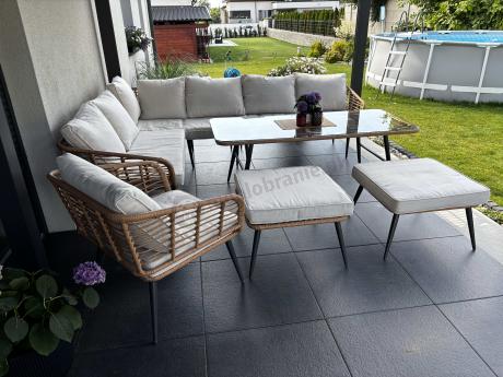 Narożnik ogrodowy boho rope style z dużym stołem, fotelem i pufami Torgiano Corner XL beżowy