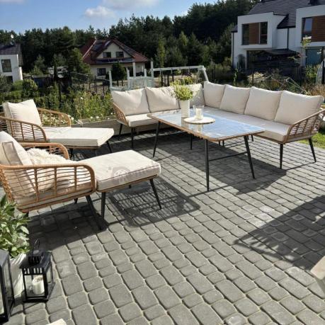 Narożnik ogrodowy boho rope style z dużym stołem, fotelem i pufami Torgiano Corner XL beżowy