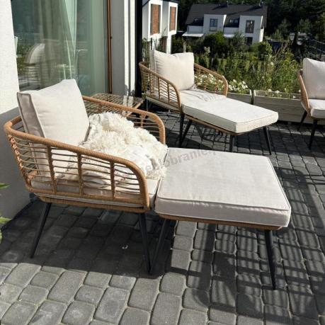 Narożnik ogrodowy boho rope style z dużym stołem, fotelem i pufami Torgiano Corner XL beżowy