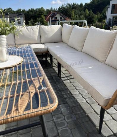 Narożnik ogrodowy boho rope style z dużym stołem, fotelem i pufami Torgiano Corner XL beżowy