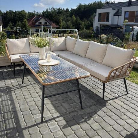 Narożnik ogrodowy boho rope style z dużym stołem, fotelem i pufami Torgiano Corner XL beżowy