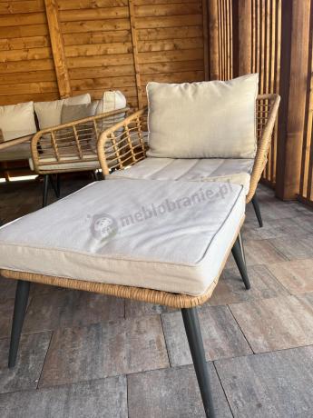 Narożnik ogrodowy boho rope style z dużym stołem, fotelem i pufami Torgiano Corner XL beżowy