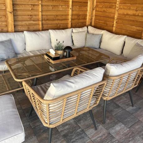 Narożnik ogrodowy boho rope style z dużym stołem, fotelem i pufami Torgiano Corner XL beżowy