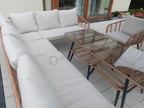 Narożnik ogrodowy boho rope style z dużym stołem, fotelem i pufami Torgiano Corner XL beżowy