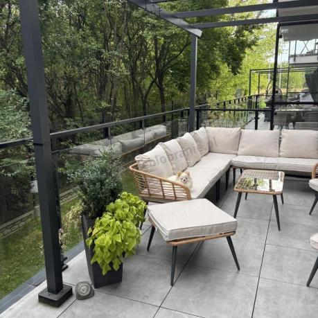 Narożnik ogrodowy boho rope style z dużym stołem, fotelem i pufami Torgiano Corner XL beżowy