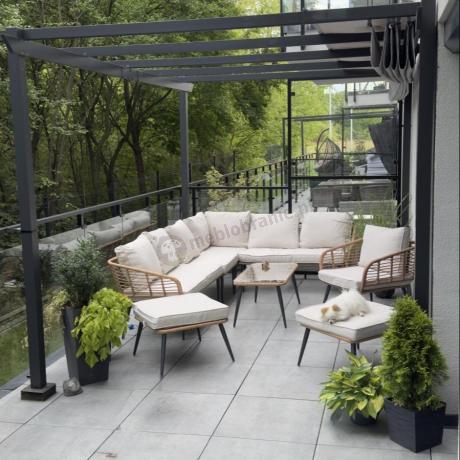 Narożnik ogrodowy boho rope style z dużym stołem, fotelem i pufami Torgiano Corner XL beżowy