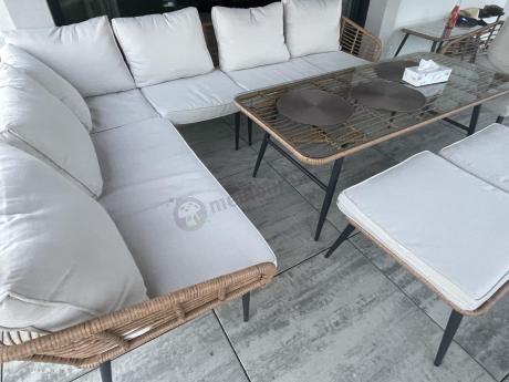 Narożnik ogrodowy boho rope style z dużym stołem, fotelem i pufami Torgiano Corner XL beżowy