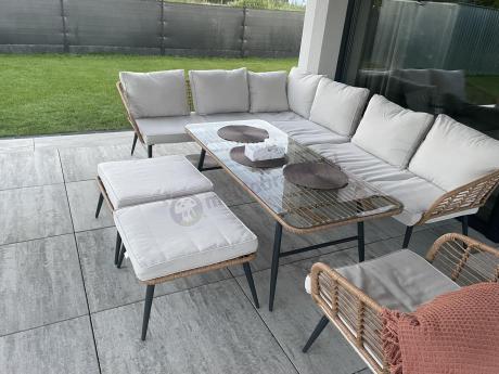 Narożnik ogrodowy boho rope style z dużym stołem, fotelem i pufami Torgiano Corner XL beżowy