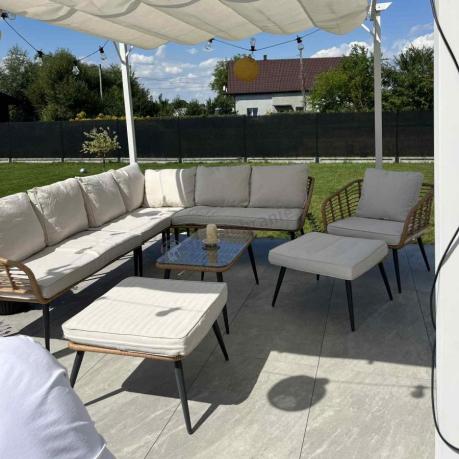 Narożnik ogrodowy boho rope style z dużym stołem, fotelem i pufami Torgiano Corner XL beżowy