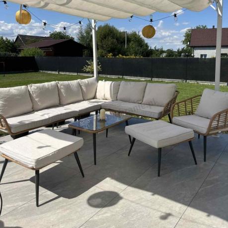 Narożnik ogrodowy boho rope style z dużym stołem, fotelem i pufami Torgiano Corner XL beżowy