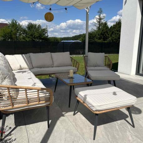 Narożnik ogrodowy boho rope style z dużym stołem, fotelem i pufami Torgiano Corner XL beżowy