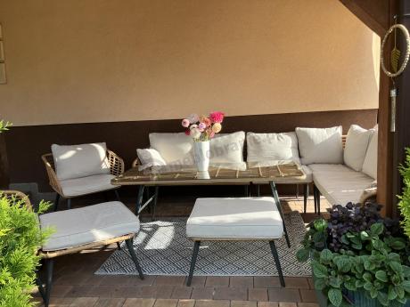 Narożnik ogrodowy boho rope style z dużym stołem, fotelem i pufami Torgiano Corner XL beżowy