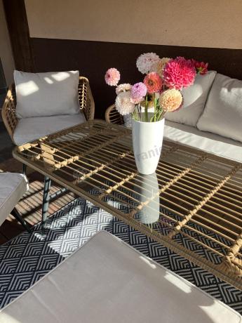 Narożnik ogrodowy boho rope style z dużym stołem, fotelem i pufami Torgiano Corner XL beżowy