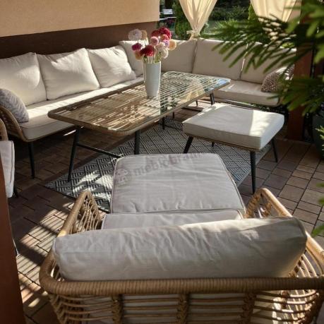 Narożnik ogrodowy boho rope style z dużym stołem, fotelem i pufami Torgiano Corner XL beżowy