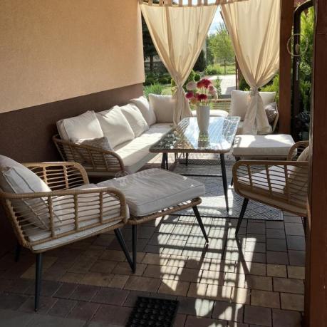 Narożnik ogrodowy boho rope style z dużym stołem, fotelem i pufami Torgiano Corner XL beżowy