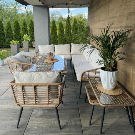 Narożnik ogrodowy boho rope style z dużym stołem, fotelem i pufami Torgiano Corner XL beżowy