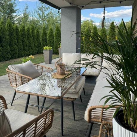 Narożnik ogrodowy boho rope style z dużym stołem, fotelem i pufami Torgiano Corner XL beżowy