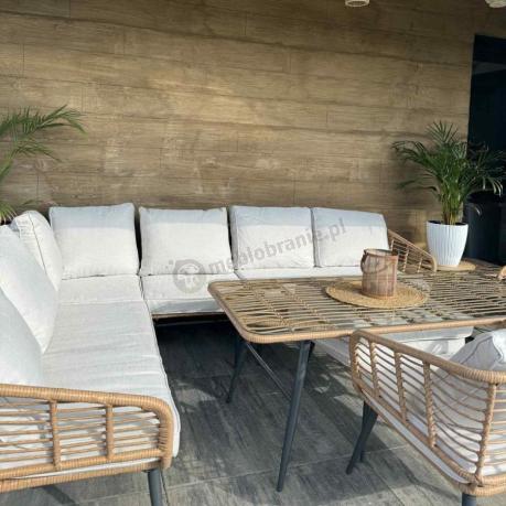 Narożnik ogrodowy boho rope style z dużym stołem, fotelem i pufami Torgiano Corner XL beżowy