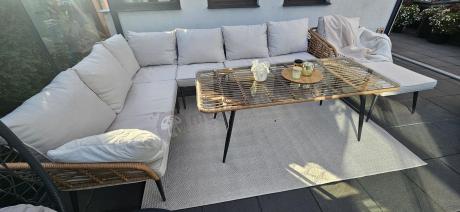 Narożnik ogrodowy boho rope style z dużym stołem, fotelem i pufami Torgiano Corner XL beżowy