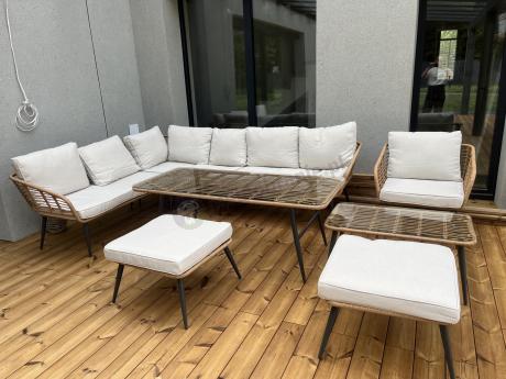 Narożnik ogrodowy boho rope style z dużym stołem, fotelem i pufami Torgiano Corner XL beżowy