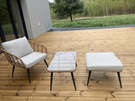 Narożnik ogrodowy boho rope style z dużym stołem, fotelem i pufami Torgiano Corner XL beżowy
