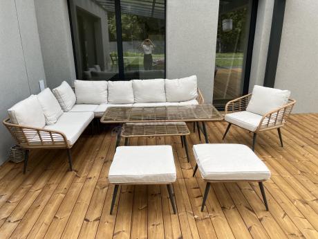 Narożnik ogrodowy boho rope style z dużym stołem, fotelem i pufami Torgiano Corner XL beżowy