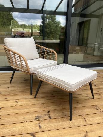 Narożnik ogrodowy boho rope style z dużym stołem, fotelem i pufami Torgiano Corner XL beżowy