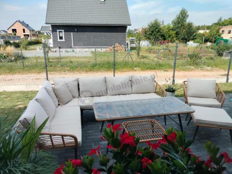 Narożnik ogrodowy boho rope style z dużym stołem, fotelem i pufami Torgiano Corner XL beżowy