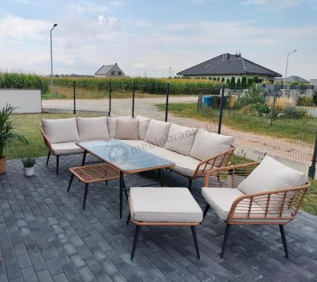 Narożnik ogrodowy boho rope style z dużym stołem, fotelem i pufami Torgiano Corner XL beżowy