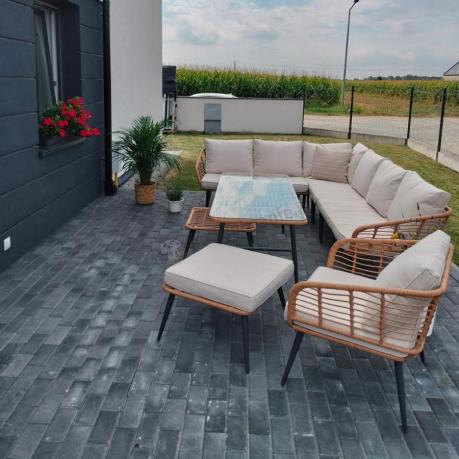 Narożnik ogrodowy boho rope style z dużym stołem, fotelem i pufami Torgiano Corner XL beżowy