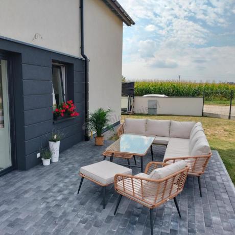 Narożnik ogrodowy boho rope style z dużym stołem, fotelem i pufami Torgiano Corner XL beżowy