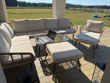 Narożnik ogrodowy boho rope style z dużym stołem, fotelem i pufami Torgiano Corner XL beżowy