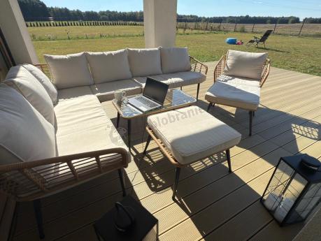 Narożnik ogrodowy boho rope style z dużym stołem, fotelem i pufami Torgiano Corner XL beżowy