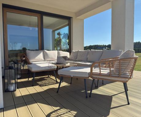 Narożnik ogrodowy boho rope style z dużym stołem, fotelem i pufami Torgiano Corner XL beżowy