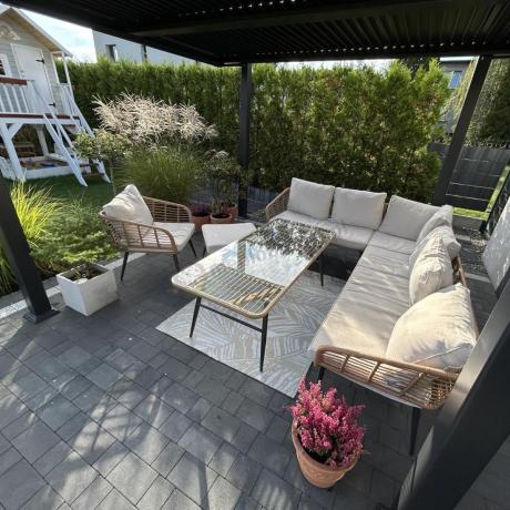 Narożnik ogrodowy boho rope style z dużym stołem, fotelem i pufami Torgiano Corner XL beżowy