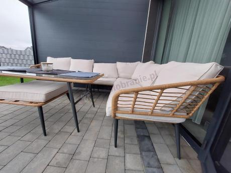 Narożnik ogrodowy boho rope style z dużym stołem, fotelem i pufami Torgiano Corner XL beżowy