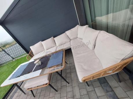 Narożnik ogrodowy boho rope style z dużym stołem, fotelem i pufami Torgiano Corner XL beżowy