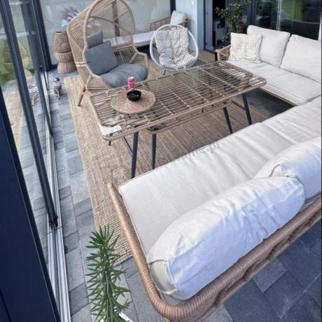 Narożnik ogrodowy boho rope style z dużym stołem, fotelem i pufami Torgiano Corner XL beżowy