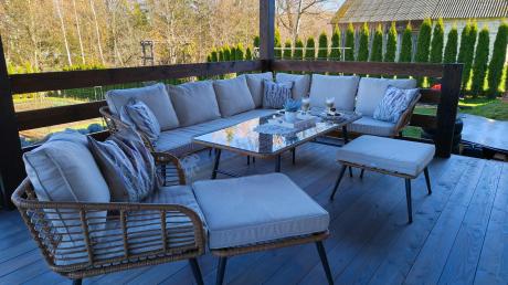 Narożnik ogrodowy boho rope style z dużym stołem, fotelem i pufami Torgiano Corner XL beżowy