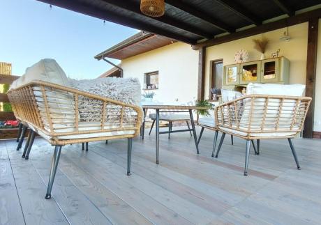 Narożnik ogrodowy boho rope style z dużym stołem, fotelem i pufami Torgiano Corner XL beżowy