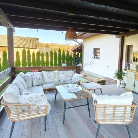 Narożnik ogrodowy boho rope style z dużym stołem, fotelem i pufami Torgiano Corner XL beżowy