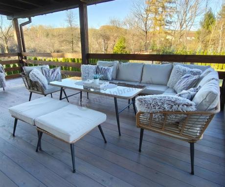 Narożnik ogrodowy boho rope style z dużym stołem, fotelem i pufami Torgiano Corner XL beżowy