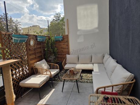 Narożnik ogrodowy boho rope style z dużym stołem, fotelem i pufami Torgiano Corner XL beżowy