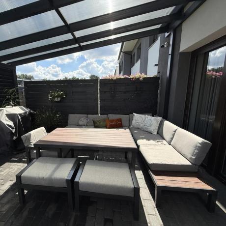 Narożnik ogrodowy moduowy z fotelem i stołem 160cm Calamba Corner XL - Light Grey