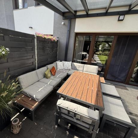 Narożnik ogrodowy moduowy z fotelem i stołem 160cm Calamba Corner XL - Light Grey