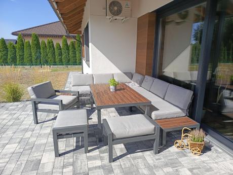 Narożnik ogrodowy moduowy z fotelem i stołem 160cm Calamba Corner XL - Light Grey