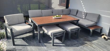 Narożnik ogrodowy moduowy z fotelem i stołem 160cm Calamba Corner XL - Light Grey