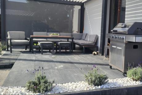 Narożnik ogrodowy moduowy z fotelem i stołem 160cm Calamba Corner XL - Light Grey